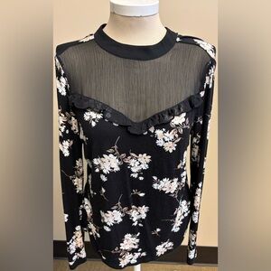 Peek-a-boo long sleeve feminine black floral top women's size Medium